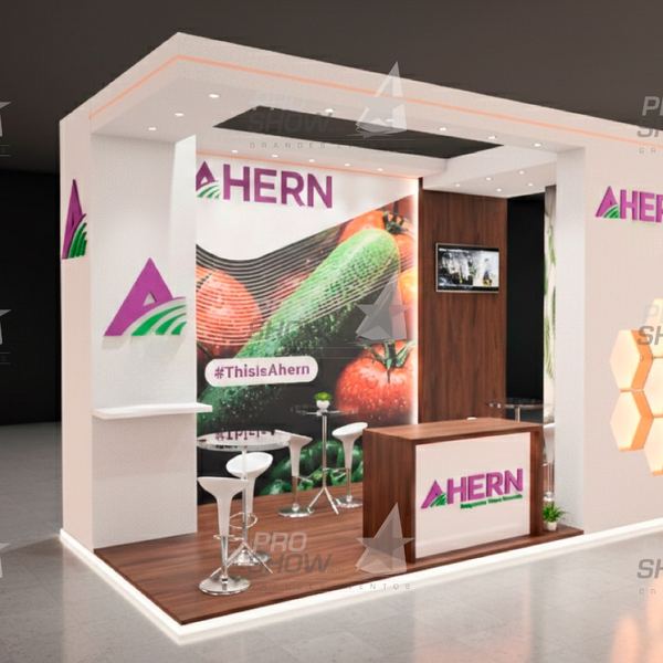 Render 3D del stand de Ahern con mostrador y gráficos de verduras