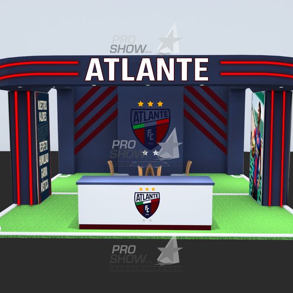 Render 3D del stand del Atlante con piso de pasto y mostrador