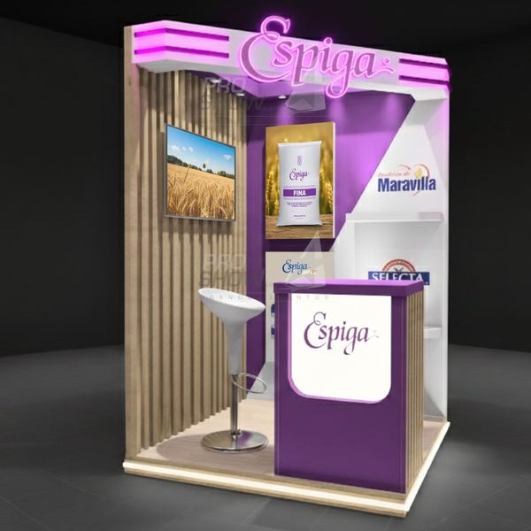 Render 3D del stand de Espiga con lambrín de madera y mostrador morado