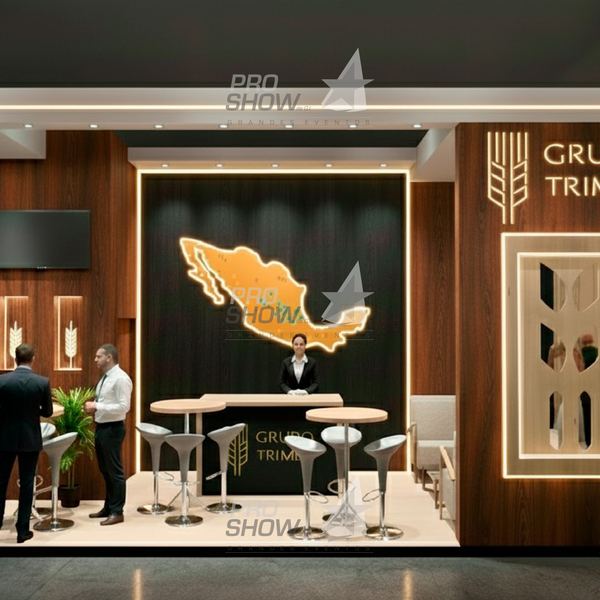 Render 3D del stand de Grupo Trimex con muro de madera y mapa de México iluminado