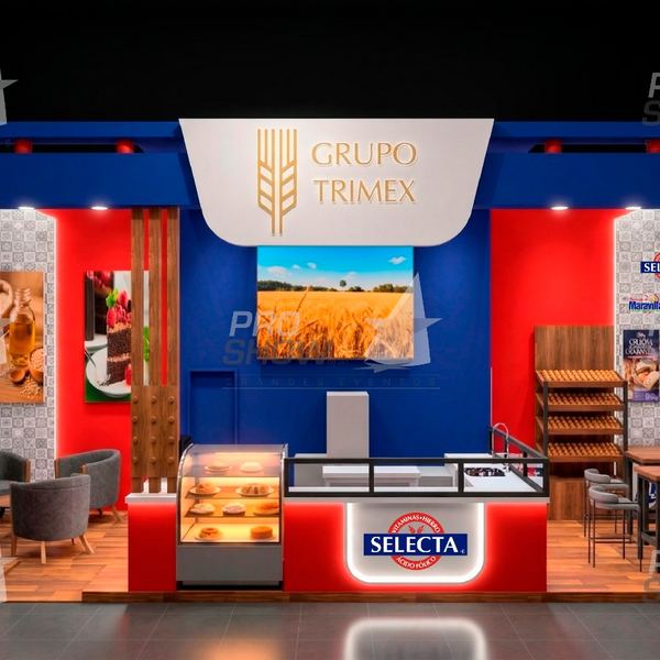 Render 3D del stand de Selecta y Grupo Trimex con vitrina y área de cafetería