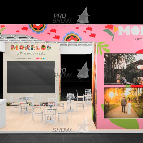 Render 3D del stand de Turismo Morelos con fotos de bodas y área de mesas
