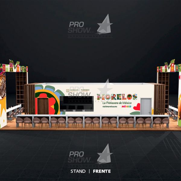 Render 3D de un stand de Turismo Morelos con barra y mesas