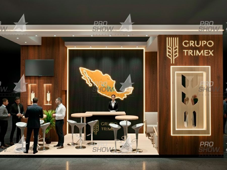 Render 3D del stand de Grupo Trimex con muro de madera y mapa de México iluminado